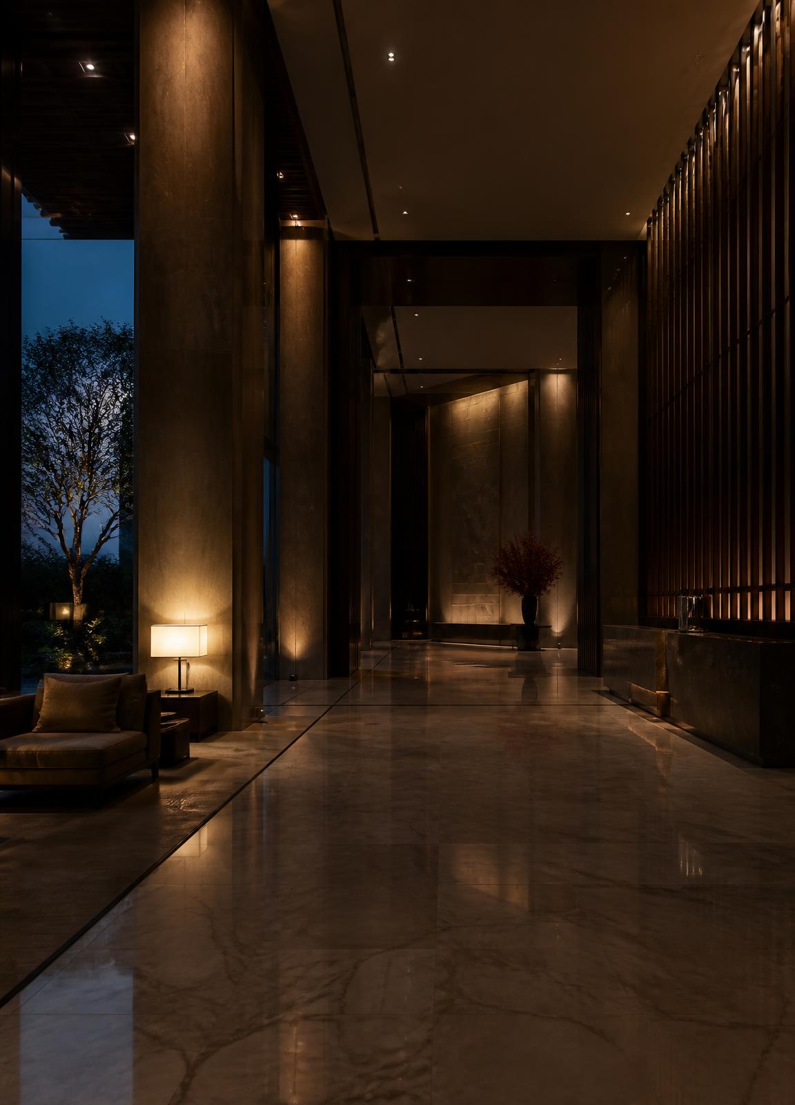 Quiet, softly lit luxury hotel lobby at dusk