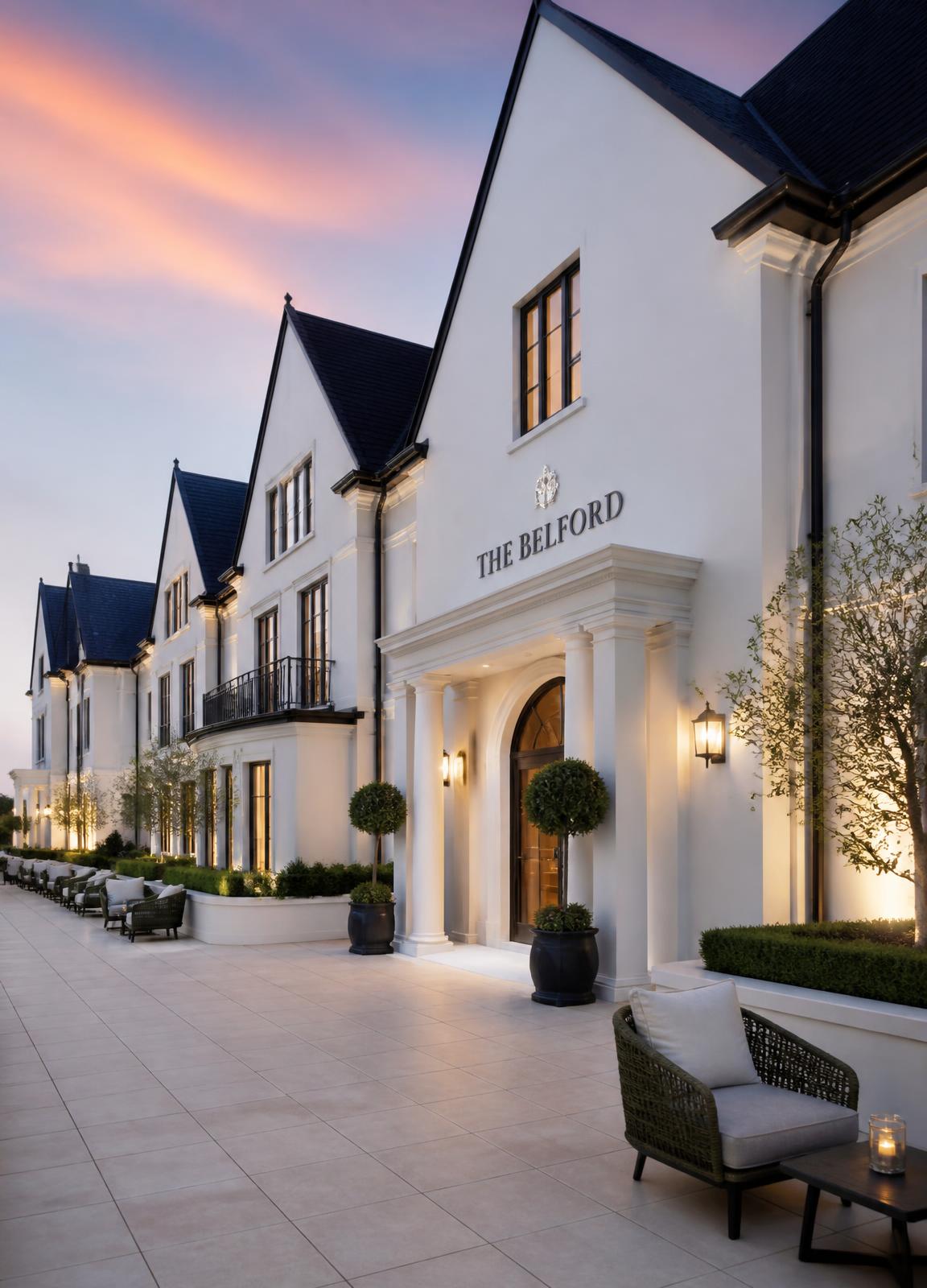 Pristine roofline, render and paved terrace of a hospitality property