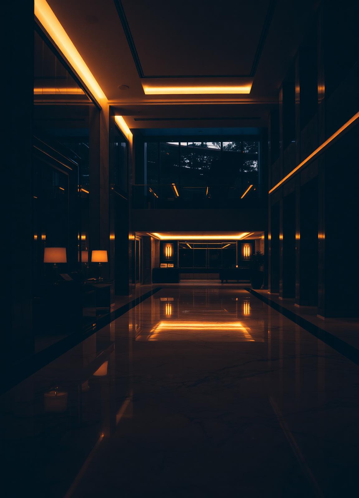 Polished marble surfaces in an elegant hotel lobby