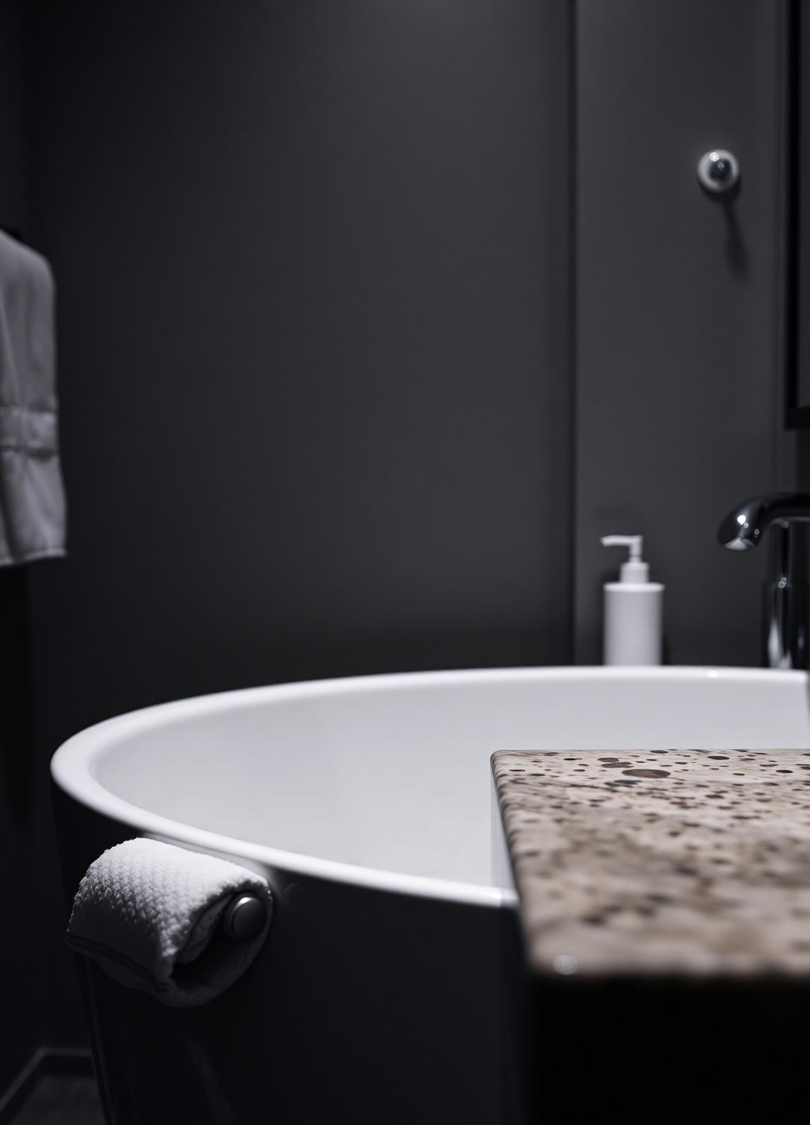 Restored bath edge and stone vanity worktop in a hotel bathroom